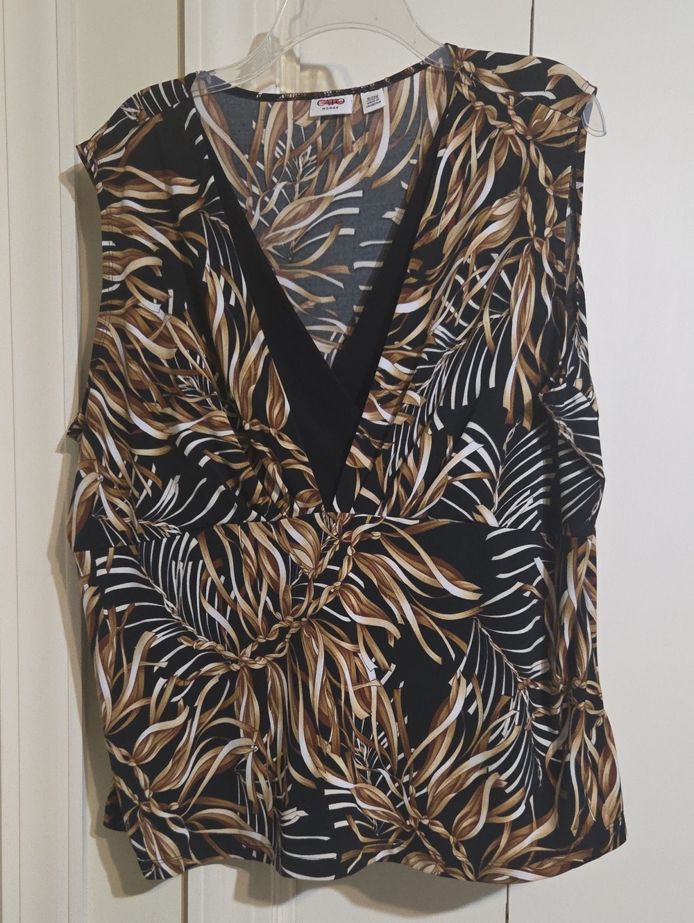 Cato Black Brown White Tropical Leaf Print V-Neck Sleeveless Blouse